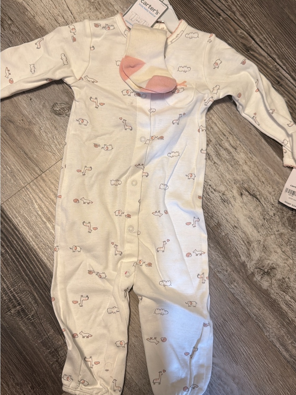 Carter's Cream Footed One-Piece with Pink Animal Accent